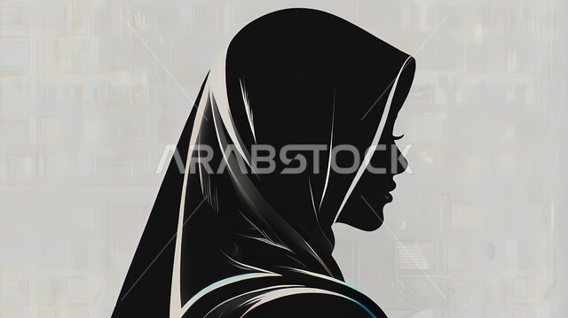 الاهتمام بالأناقة والمظهر الخارجي، صورة ظلية لامرأة عربية خليجية سعودية محجبة, خلفية رمادية