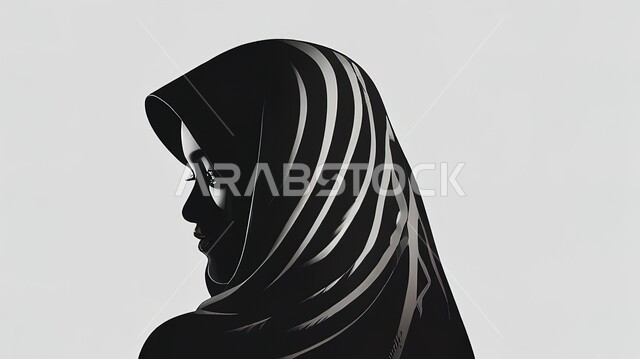 الاهتمام بالأناقة والمظهر الخارجي، صورة ظلية لامرأة عربية خليجية سعودية محجبة, خلفية رمادية