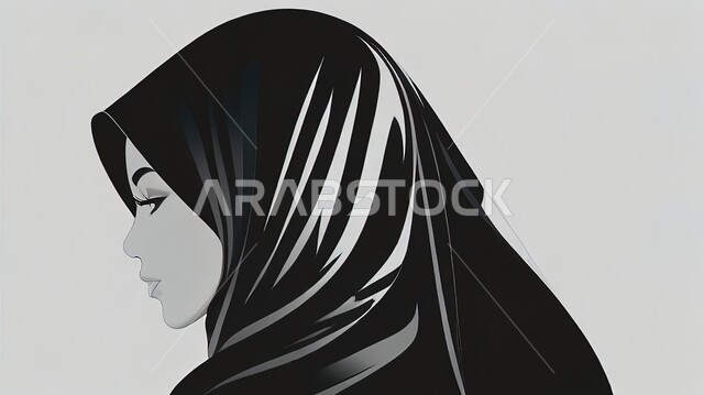 الاهتمام بالأناقة والمظهر الخارجي، صورة ظلية لامرأة عربية خليجية سعودية محجبة, خلفية رمادية