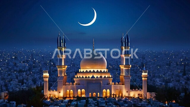 تصميم ثلاثي الابعاد لقبب ومآذن المسجد ليلا، العباده والتقرب الى الله ونداء الملسملين للصلاه في المساجد، خلفيات وديكورات رمضانيه، الفن الهندسي المعماري على الطراز الاسلامي، منظر الهلال في السماء