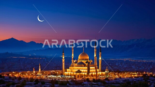 تصميم ثلاثي الابعاد لقبب ومآذن المسجد ليلا، العباده والتقرب الى الله ونداء الملسملين للصلاه في المساجد، خلفيات وديكورات رمضانيه، الفن الهندسي المعماري على الطراز الاسلامي، منظر الهلال في السماء