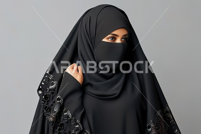مفهوم الانوثة والنعومة، بورتريه مقرب لإمرأه عربيه سعودية خليجية سعودية محجبة ترتدي النقاب والعباءه السوداء, الاهتمام بالأناقة والمظهر الخارجي، خلفية رمادية