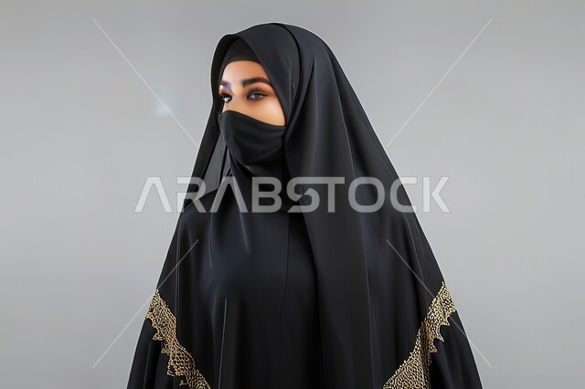 مفهوم الانوثة والنعومة، بورتريه مقرب لإمرأه عربيه سعودية خليجية سعودية محجبة ترتدي النقاب والعباءه السوداء, الاهتمام بالأناقة والمظهر الخارجي، خلفية رمادية