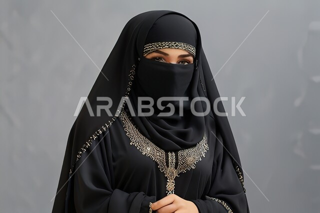 مفهوم الانوثة والنعومة، بورتريه مقرب لإمرأه عربيه سعودية خليجية سعودية محجبة ترتدي النقاب والعباءه السوداء تنظر الى الكاميرا بإيماءات الثقة بالنفس, الاهتمام بالأناقة والمظهر الخارجي، خلفية رمادية