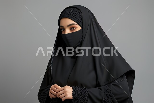 مفهوم الانوثة والنعومة، بورتريه مقرب لإمرأه عربيه سعودية خليجية سعودية محجبة ترتدي النقاب والعباءه السوداء تنظر الى الكاميرا بإيماءات الثقة بالنفس, الاهتمام بالأناقة والمظهر الخارجي، خلفية رمادية