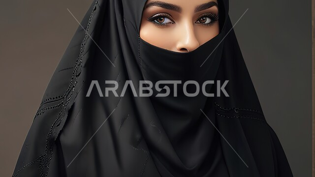 مفهوم الانوثة والنعومة، بورتريه مقرب لإمرأه عربيه سعودية خليجية سعودية محجبة ترتدي النقاب والعباءه السوداء تنظر الى الكاميرا بإيماءات الثقة بالنفس, الاهتمام بالأناقة والمظهر الخارجي، خلفية سوداء 