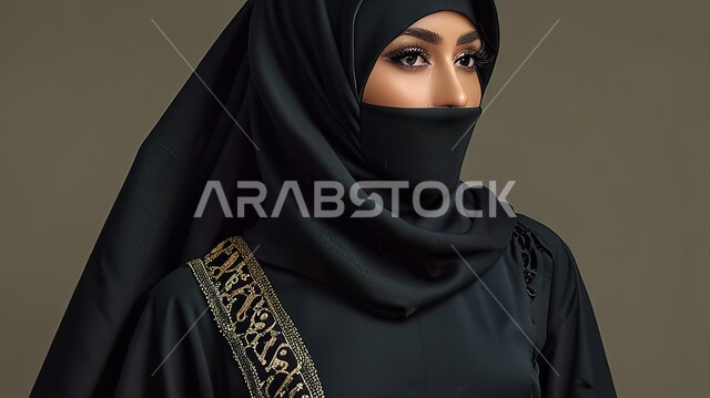 مفهوم الانوثة والنعومة، بورتريه مقرب لإمرأه عربيه سعودية خليجية سعودية محجبة ترتدي النقاب والعباءه السوداء, الاهتمام بالأناقة والمظهر الخارجي، خلفية سوداء