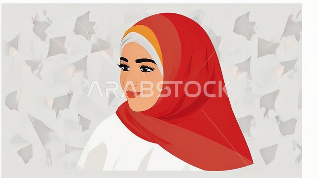 الاهتمام بالأناقة والمظهر الخارجي، رسوم توضيحية ثلاثية الابعاد لامرأة عربية خليجية سعودية ترتدي الحجاب الاحمر تنظر الى شيء ما بإيماءات السرورو والفرح, خلفية بيضاء