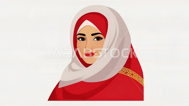 الاهتمام بالأناقة والمظهر الخارجي، رسوم توضيحية ثلاثية الابعاد لامرأة عربية خليجية سعودية ترتدي الحجاب الاحمر تنظر الى الكاميرا بإيماءات السرورو والفرح, خلفية بيضاء