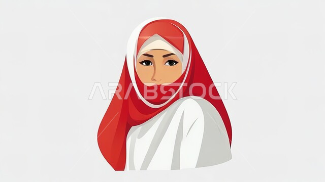 الاهتمام بالأناقة والمظهر الخارجي، رسوم توضيحية ثلاثية الابعاد لامرأة عربية خليجية سعودية ترتدي الحجاب الاحمر تنظر الى الكاميرا بإيماءات السرورو والفرح, خلفية بيضاء