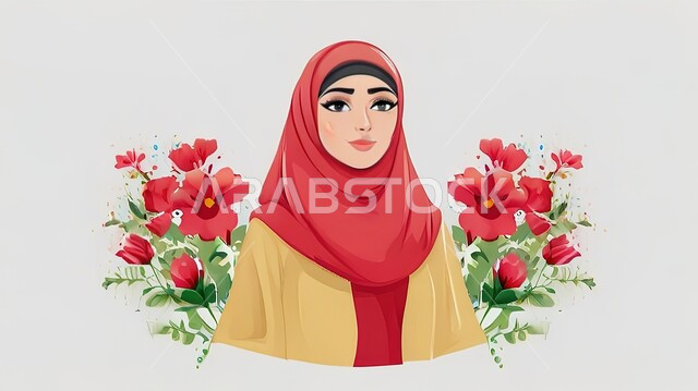 الاهتمام بالأناقة والمظهر الخارجي، رسوم توضيحية ثلاثية الابعاد لامرأة عربية خليجية سعودية محجبة مع الورود الملونة تنظر الى الكاميرا بإيماءات السرورو والفرح, خلفية بيضاء