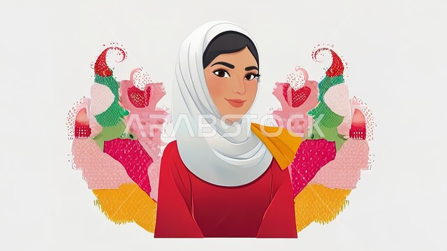 الاهتمام بالأناقة والمظهر الخارجي، رسوم توضيحية ثلاثية الابعاد لامرأة عربية خليجية سعودية محجبة مع الورود الملونة تنظر الى الكاميرا بإيماءات السرورو والفرح, خلفية بيضاء