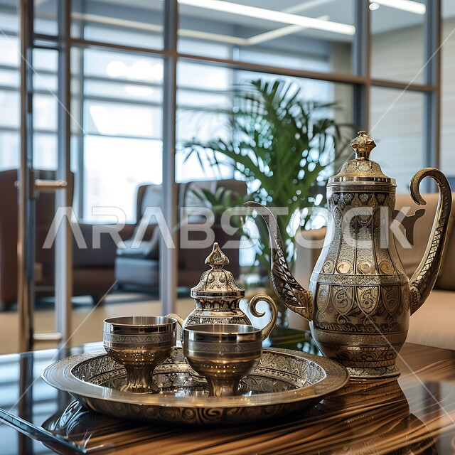 التقاليد و العادات القديمة في تقديم الشاي, كرم الإستقبال وحسن الضيافة في المملكة العربية السعودية, الاستمتاع بالمشروبات الساخنة، الاواني الذهبية بزخارف ارابيسك التقليدية الملونة، صورة مقربة لمجموعة من الفناجين المزخرفة على الطاولة في غرفة المعيشة