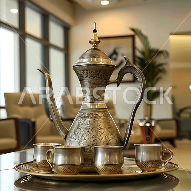الاواني الذهبية بزخارف ارابيسك التقليدية الملونة، التقاليد و العادات القديمة في تقديم الشاي, كرم الإستقبال وحسن الضيافة في المملكة العربية السعودية, الاستمتاع بالمشروبات الساخنة، صورة مقربة لمجموعة من الفناجين المزخرفة على الطاولة في غرفة المعيشة
