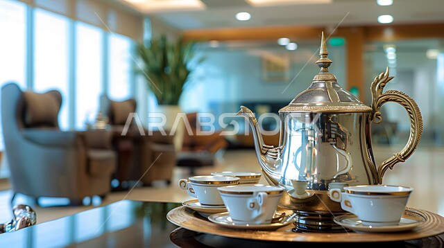 الاستمتاع بالمشروبات الساخنة، الاواني الذهبية بزخارف ارابيسك التقليدية الملونة، التقاليد و العادات القديمة في تقديم الشاي, حسن الضيافه وكرم الإستقبال في المملكة العربية السعودية, صورة مقربة لمجموعة من الفناجين المزخرفة على الطاولة في غرفة المعيشة