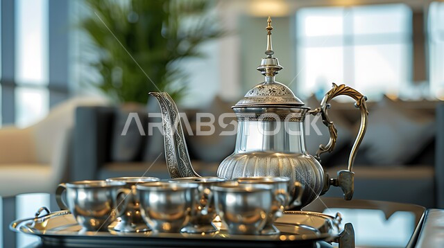 مجموعة من الفناجين المزخرفة على الطاولة في غرفة المعيشة، حسن الضيافه وكرم الإستقبال في المملكة العربية السعودية, الاستمتاع بالمشروبات الساخنة، صورة مقربة للاواني الفضية بزخارف ارابيسك التقليدية الملونة، العادات القديمة في تقديم الشاي