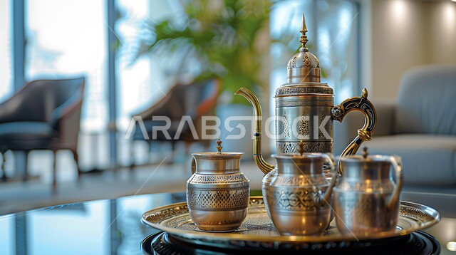 الاواني الذهبية بزخارف ارابيسك التقليدية الملونة، التقاليد و العادات القديمة في تقديم الشاي, حسن الضيافه وكرم الإستقبال في المملكة العربية السعودية, الاستمتاع بالمشروبات الساخنة، صورة مقربة لمجموعة من الفناجين المزخرفة على الطاولة في غرفة المعيشة