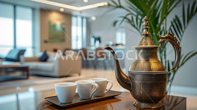 التقاليد و العادات القديمة في تقديم الشاي, حسن الضيافه وكرم الإستقبال في المملكة العربية السعودية, الاستمتاع بالمشروبات الساخنة، الاواني الذهبية بزخارف ارابيسك التقليدية الملونة، صورة مقربة لمجموعة من الفناجين المزخرفة على الطاولة في غرفة المعيشة