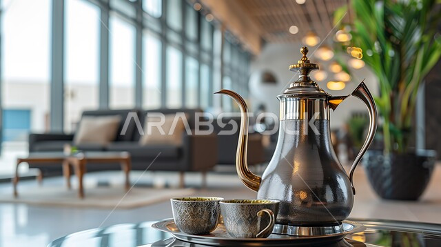 العادات و التقاليد القديمة في تقديم الشاي, حسن الضيافه وكرم الإستقبال في المملكة العربية السعودية, الاستمتاع بالمشروبات الساخنة، الاواني الفضية التقليدية، صورة مقربة لمجموعة من الفناجين المزخرفة على الطاولة في غرفة المعيشة