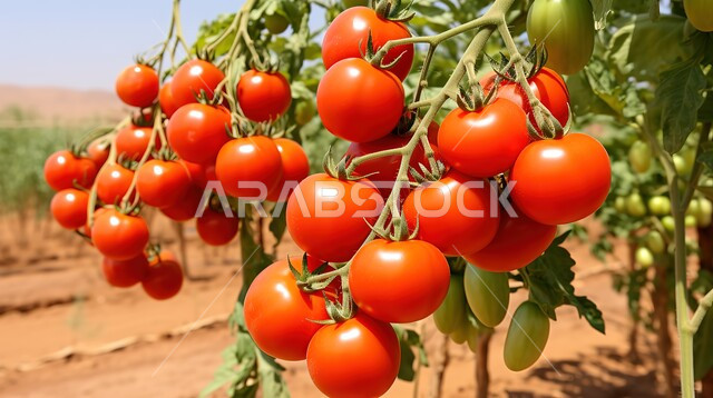 Delicious fresh vegetables, agricultural crops from the farms of the Kingdom of Saudi Arabia, the quality of local national products, a close-up picture of a bunch of tomatoes full of benefits and vitamins, vegetables with high nutritional value