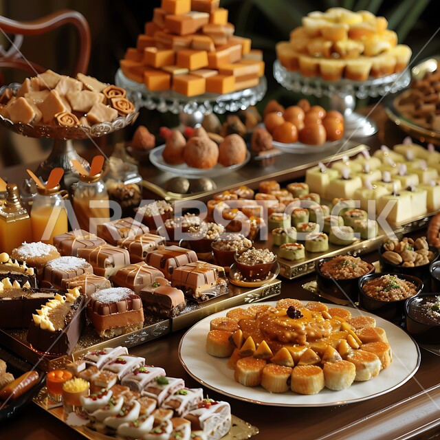 الفنون في اعداد و عرض المنتجات في الاسواق و المحلات، تقديم الحلا في المناسبات والأعياد في المجتمع السعودي, وصفات طعام لذيذة، صورة مقربة لأطباق من الحلويات الشهية, المأكولات العربية الشعبية التقليدية من المطابخ السعودية