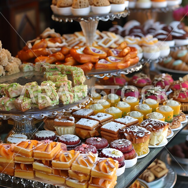 الفنون في اعداد و عرض المنتجات في الاسواق و المحلات، تقديم الحلا في المناسبات والأعياد في المجتمع السعودي, وصفات طعام لذيذة، صورة مقربة لأطباق من الحلويات الشهية, المأكولات العربية الشعبية التقليدية من المطابخ السعودية