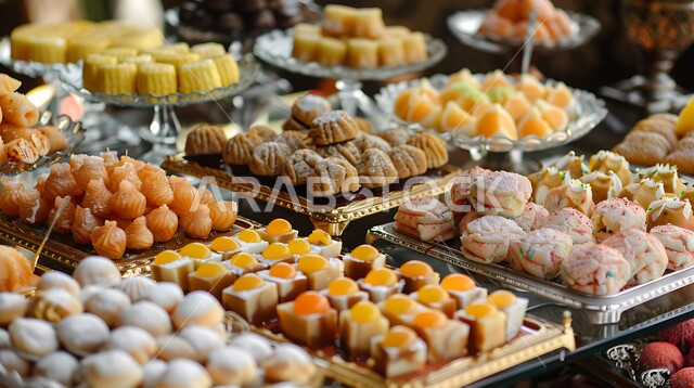 فن اعداد و عرض المنتجات في الاسواق و المحلات، تقديم الحلا في المناسبات والأعياد في المجتمع السعودي, وصفات طعام لذيذة، صورة مقربة لأطباق من الحلويات الشهية, المأكولات العربية الشعبية التقليدية من المطابخ السعودية