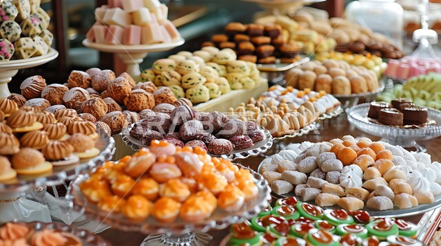 صورة مقربة لأطباق من الحلويات الشهية ,المأكولات العربية الشعبية التقليدية من المطابخ السعودية, وصفات طعام لذيذة، فن اعداد و عرض المنتجات في الاسواق و المحلات، تقديم الحلا في المناسبات والأعياد في المجتمع السعودي