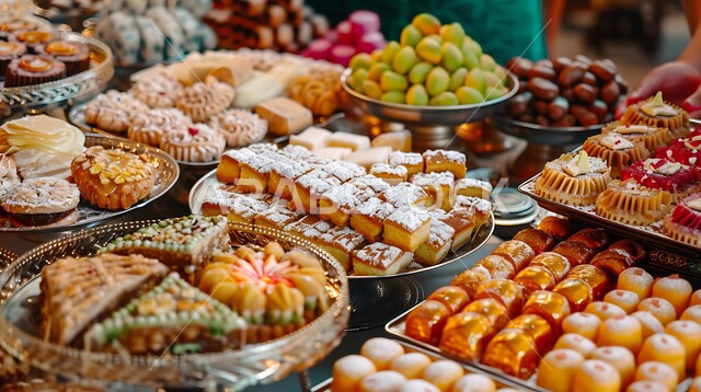 فن اعداد و عرض المنتجات في الاسواق و المحلات، تقديم الحلا في المناسبات والأعياد في المجتمع السعودي, وصفات طعام لذيذة، صورة مقربة لأطباق من الحلويات الشهية, المأكولات العربية الشعبية التقليدية من المطابخ السعودية