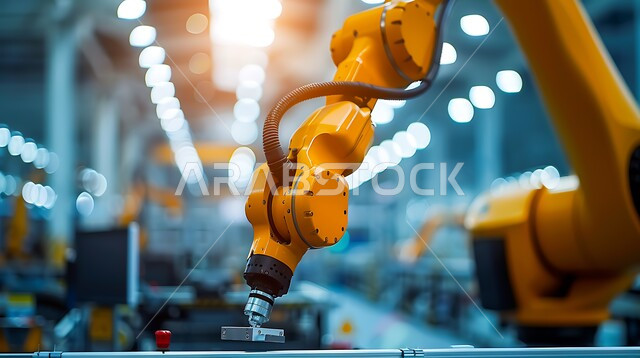 The development of technology and modern technology, smart robotic arms in factories, technical progress and digital transformation, a future Saudi vision 2030, a close-up picture of improving production using smart machines and equipment in electronic industries.