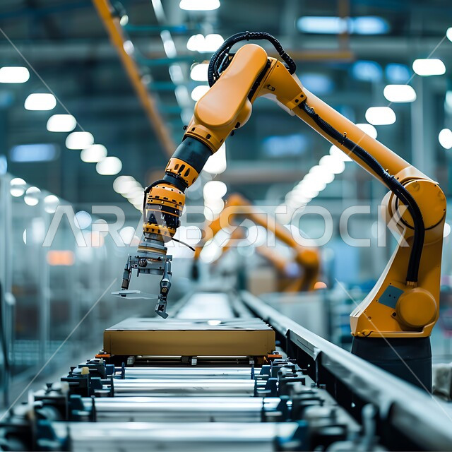 Smart robotic arms in factories, technical progress and digital transformation, a future Saudi vision 2030, a close-up of improving production using smart machines and equipment in electronic industries, the development of technology and modern technology.
