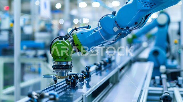 Technical progress and digital transformation, a future Saudi vision 2030, improving production using smart machines and equipment in electronic industries, the development of technology and modern technology, a close-up of smart robot arms in factories