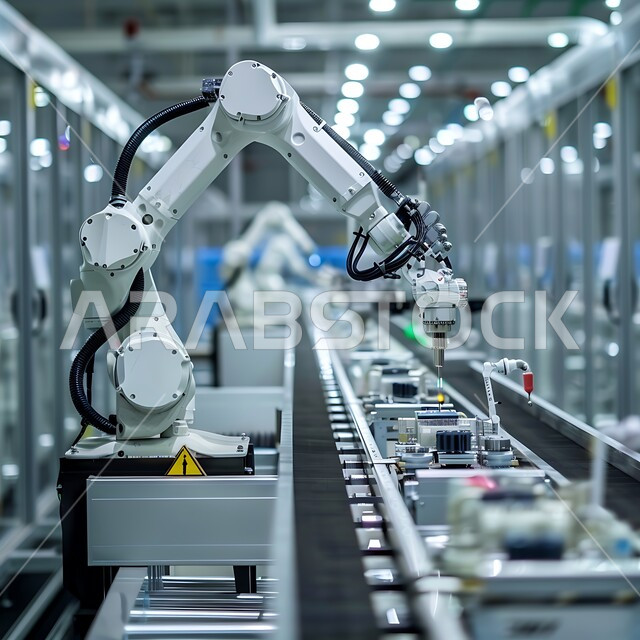 Technical progress and digital transformation, a future Saudi vision 2030, improving production using smart machines and equipment in electronic industries, the development of technology and modern technology, a close-up of smart robot arms in factories