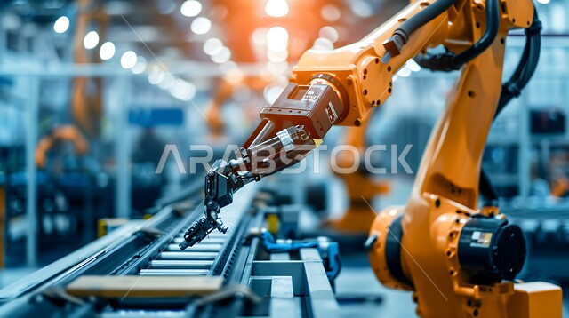 رؤية سعودية مستقبلية 2030، تحسين الانتاج باستخدام الالات والمعدات الذكيه في الصناعات الالكترونيه، تطور التقنيه والتكنولوجيا الحديثه، التحول الرقمي والتقدم التقني, صورة مقربة لأذرع الروبوتات الذكية في المصانع