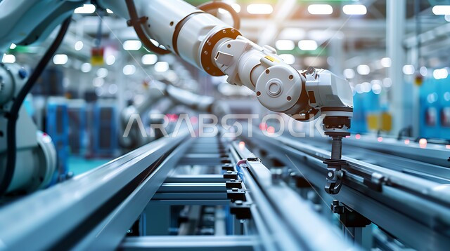 Future Saudi vision 2030, improving production using smart machines and equipment in electronic industries, development of technology and modern technology, digital transformation and technical progress, a close-up picture of smart robot arms in factories