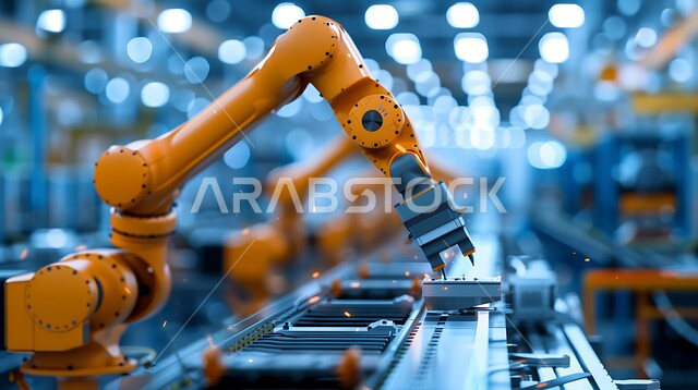  تحسين الانتاج باستخدام الالات والمعدات الذكيه في الصناعات الالكترونيه، تطور التقنيه والتكنولوجيا الحديثه، التحول الرقمي والتقدم التقني, رؤية سعودية مستقبلية 2030، صورة مقربة لأذرع الروبوتات الذكية في المصانع