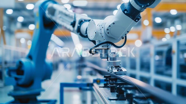 تطور التقنيه والتكنولوجيا الحديثه، التحول الرقمي والتقدم التقني, رؤية سعودية مستقبلية 2030، تحسين الانتاج باستخدام الالات والمعدات الذكيه في الصناعات الالكترونيه، صورة مقربة لأذرع الروبوتات الذكية في المصانع