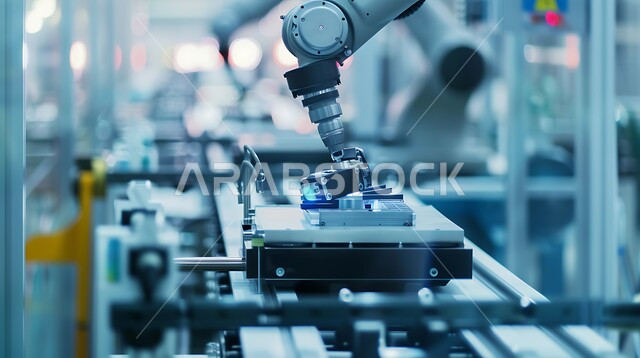 تطور التقنيه والتكنولوجيا الحديثه، التحول الرقمي والتقدم التقني, رؤية سعودية مستقبلية 2030، تحسين الانتاج باستخدام الالات والمعدات الذكيه في الصناعات الالكترونيه، صورة مقربة لأذرع الروبوتات الذكية في المصانع