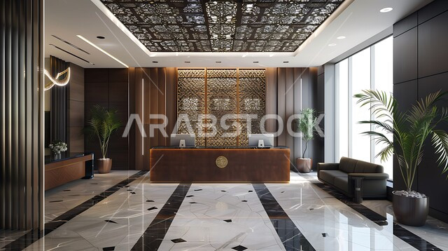 الديكورات و التصاميم الداخلية للفنادق والمنتجعات الفاخرة ,مكاتب وشركات تجارية في المملكة العربية السعودية ,التصميم الراقي المزحرف لمدخل و مكان الاستقبال في الفندق ,لوبي اوتيل بديزاينات عصرية حديثه