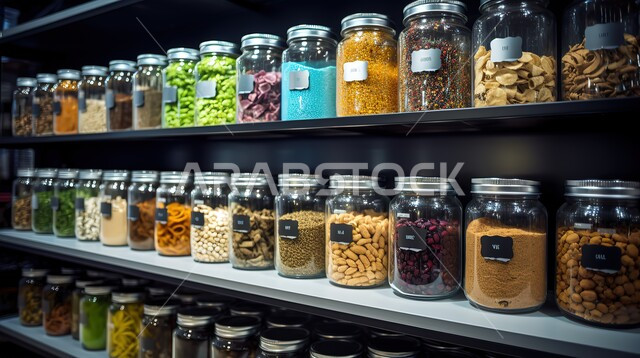 شراء الاحتياجات والمستلزمات المنزلية للمستهلك، السلع والمواد الغذائية المختلفة في أرفف السوبرماركت، المراكز والمحلات التجارية، مفهوم العروض والتخفيضات