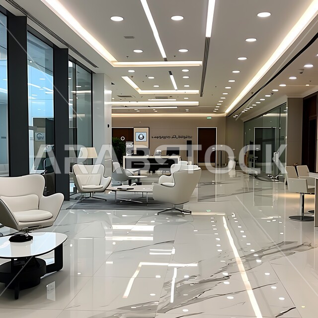 ديكورات و تصاميم داخلية راقية على الطراز الحديث, تجهيزات مكتبية حديثة وأثاث أنيق ومريح، صالة الانتظار في إحدى الشركات, تصاميم عصرية لمكاتب السعودية، واجهات زجاجية ضخمة في مكاتب العمل