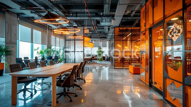 قاعة اجتماعات واسعة مع طاولة محاطة بكراسي، الواجهات والنوافذ الزجاجية، غرف مكتبية بتصاميم وديكورات داخلية فخمة، التصميم العصري الحديث للمكاتب في الشركات السعودية