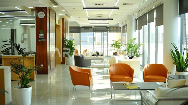  تجهيزات مكتبية حديثة وأثاث أنيق ومريح، صالة الانتظار في إحدى الشركات, تصاميم عصرية لمكاتب السعودية، واجهات زجاجية ضخمة في مكاتب العمل، تصاميم داخلية وديكورات راقية على الطراز الحديث