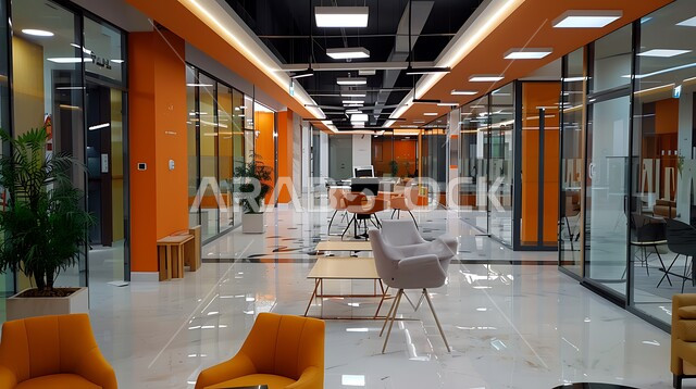 Upscale interior designs and decorations in a modern style, modern office equipment and elegant and comfortable furniture, a waiting hall in a company, modern designs for Saudi offices, huge glass facades in work offices