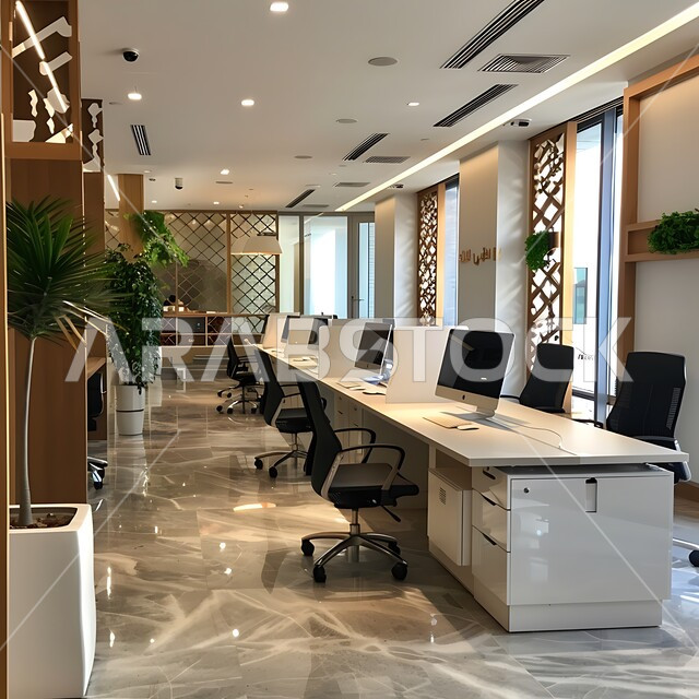 استخدام التقنيات الحديثة المتطورة, تجهيزات مكتبية حديثة وأثاث أنيق ومريح، تصاميم داخلية وديكورات راقية على الطراز الحديث, تصاميم عصرية حديثة مزخرفة لمكاتب الشركات السعودية