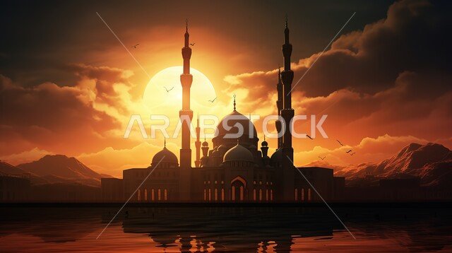 مفهوم العبادة والتقرب إلى الله، صورة ظلية لقبب ومآذن المساجد على البحر وقت غروب الشمس، نداء المسلمين للصلاة، الاماكن والمعالم الدينية في المملكة العربية السعودية، فن الهندسة المعمارية على الطراز الإسلامي، سالوليت