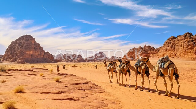 المحميات الطبيعية البرية لرعاية الإبل، مجموعة من الجمال تمشي وسط الصحراء، الرمال الذهبية الناعمة في المناطق الصحراوية، التكوينات والتشكيلات الصخرية في محافظة العلا، القمم والمرتفعات الجبلية في المملكة العربية السعودية