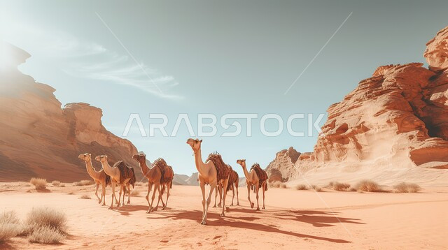 المحميات الطبيعية البرية لرعاية الإبل، مجموعة من الجمال تمشي وسط الصحراء، الرمال الذهبية الناعمة في المناطق الصحراوية، التكوينات والتشكيلات الصخرية في محافظة العلا، القمم والمرتفعات الجبلية في المملكة العربية السعودية