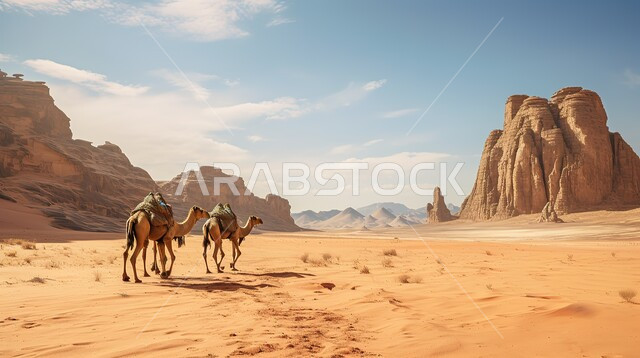 المحميات الطبيعية البرية لرعاية الإبل، مجموعة من الجمال تمشي وسط الصحراء، الرمال الذهبية الناعمة في المناطق الصحراوية، التكوينات والتشكيلات الصخرية في محافظة العلا، القمم والمرتفعات الجبلية في المملكة العربية السعودية