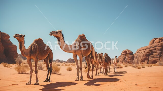 المحميات الطبيعية البرية لرعاية الإبل، مجموعة من الجمال تمشي وسط الصحراء، الرمال الذهبية الناعمة في المناطق الصحراوية، التكوينات والتشكيلات الصخرية في محافظة العلا، القمم والمرتفعات الجبلية في المملكة العربية السعودية